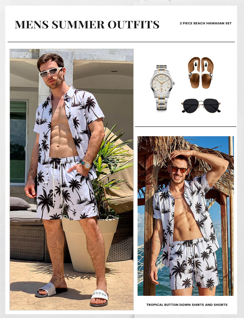 Mens Summer Outfits 2 Piece Tropical Hawaiian Beach Vacation Set | Short Sleeve, Button Down Shirts, Elastic Waist Shorts, Cruises Holiday Set