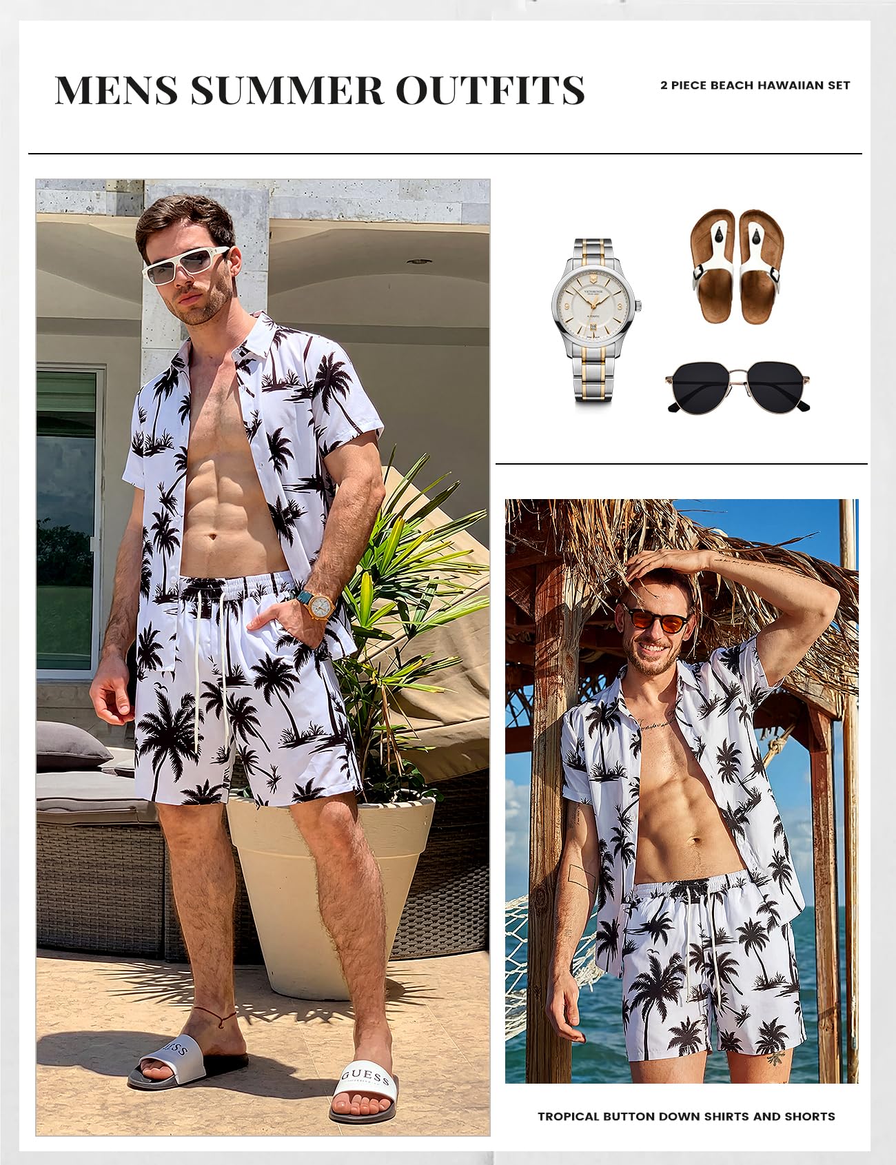 Mens Summer Outfits 2 Piece Tropical Hawaiian Beach Vacation Set | Short Sleeve, Button Down Shirts, Elastic Waist Shorts, Cruises Holiday Set