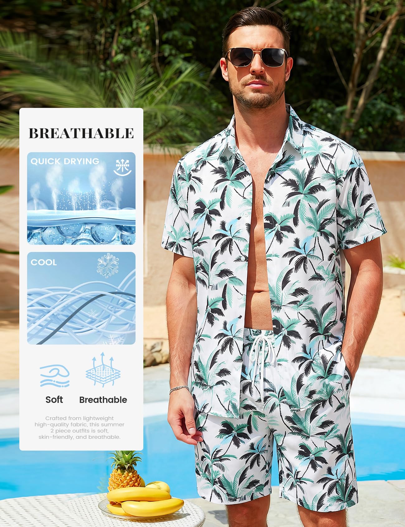 Mens Summer Outfits 2 Piece Tropical Hawaiian Beach Vacation Set | Short Sleeve, Button Down Shirts, Elastic Waist Shorts, Cruises Holiday Set