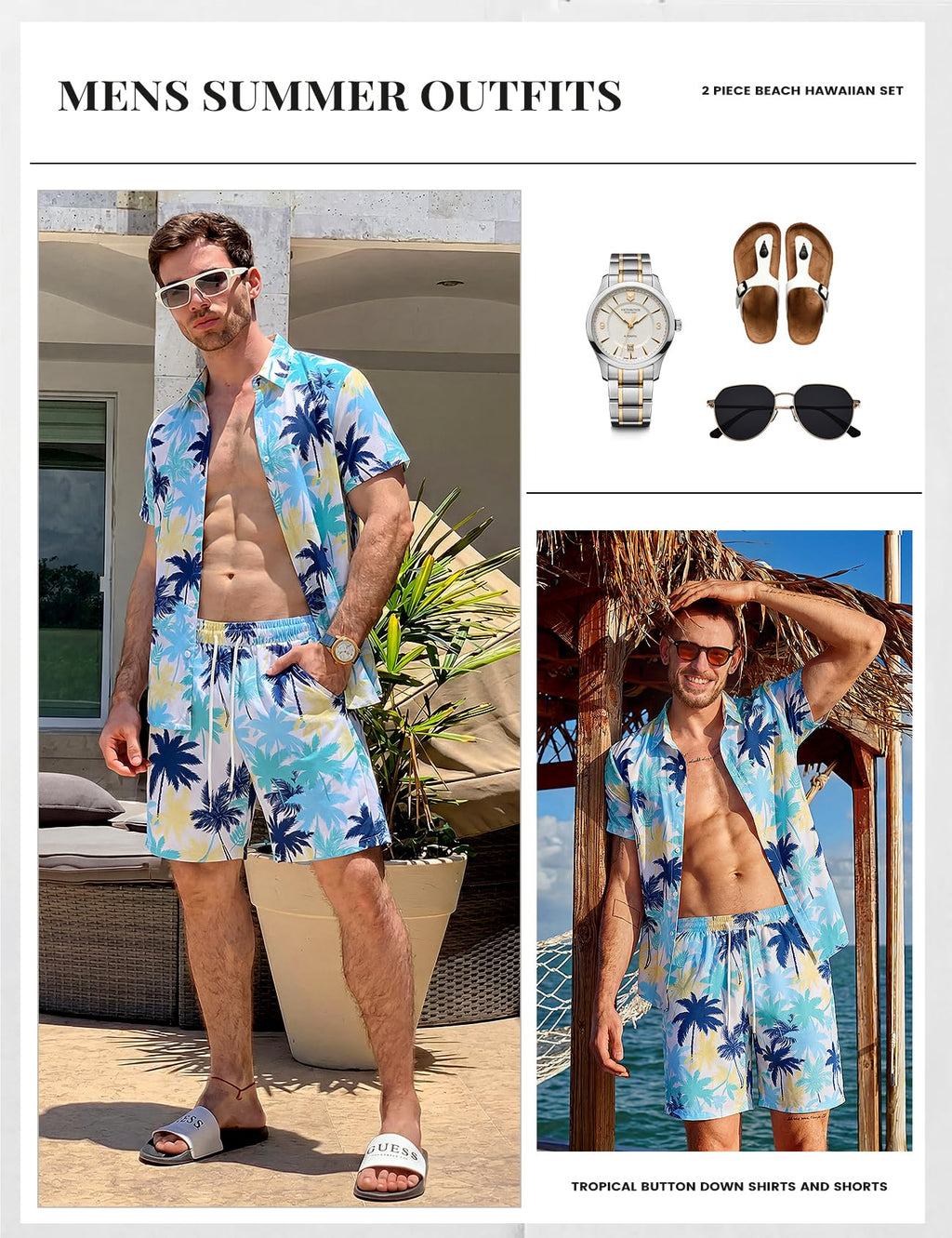 Mens Summer Outfits 2 Piece Tropical Hawaiian Beach Vacation Set | Short Sleeve, Button Down Shirts, Elastic Waist Shorts, Cruises Holiday Set