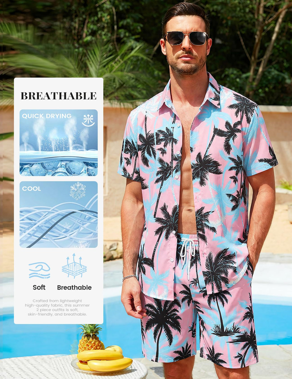 Mens Summer Outfits 2 Piece Tropical Hawaiian Beach Vacation Set | Short Sleeve, Button Down Shirts, Elastic Waist Shorts, Cruises Holiday Set