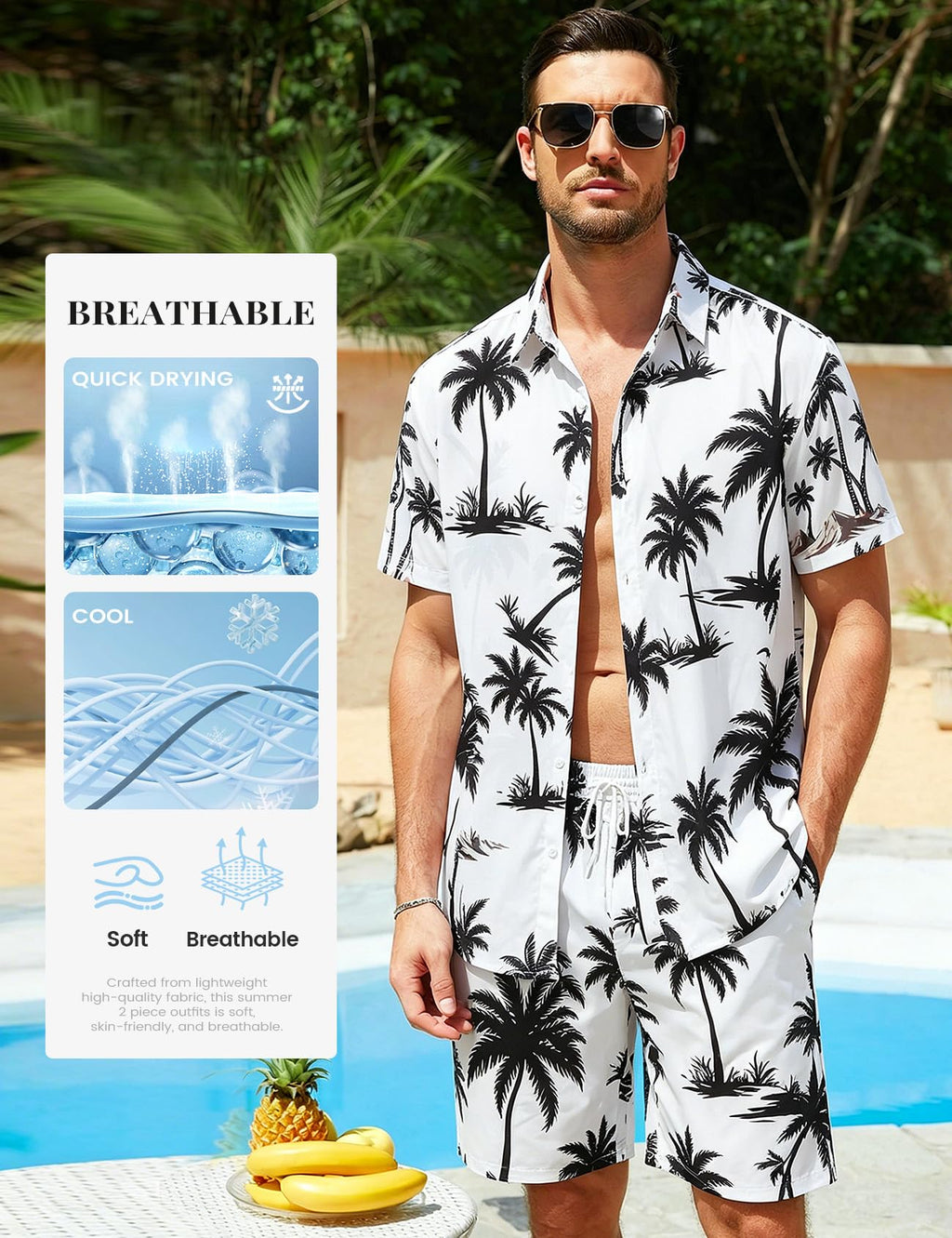 Mens Summer Outfits 2 Piece Tropical Hawaiian Beach Vacation Set | Short Sleeve, Button Down Shirts, Elastic Waist Shorts, Cruises Holiday Set