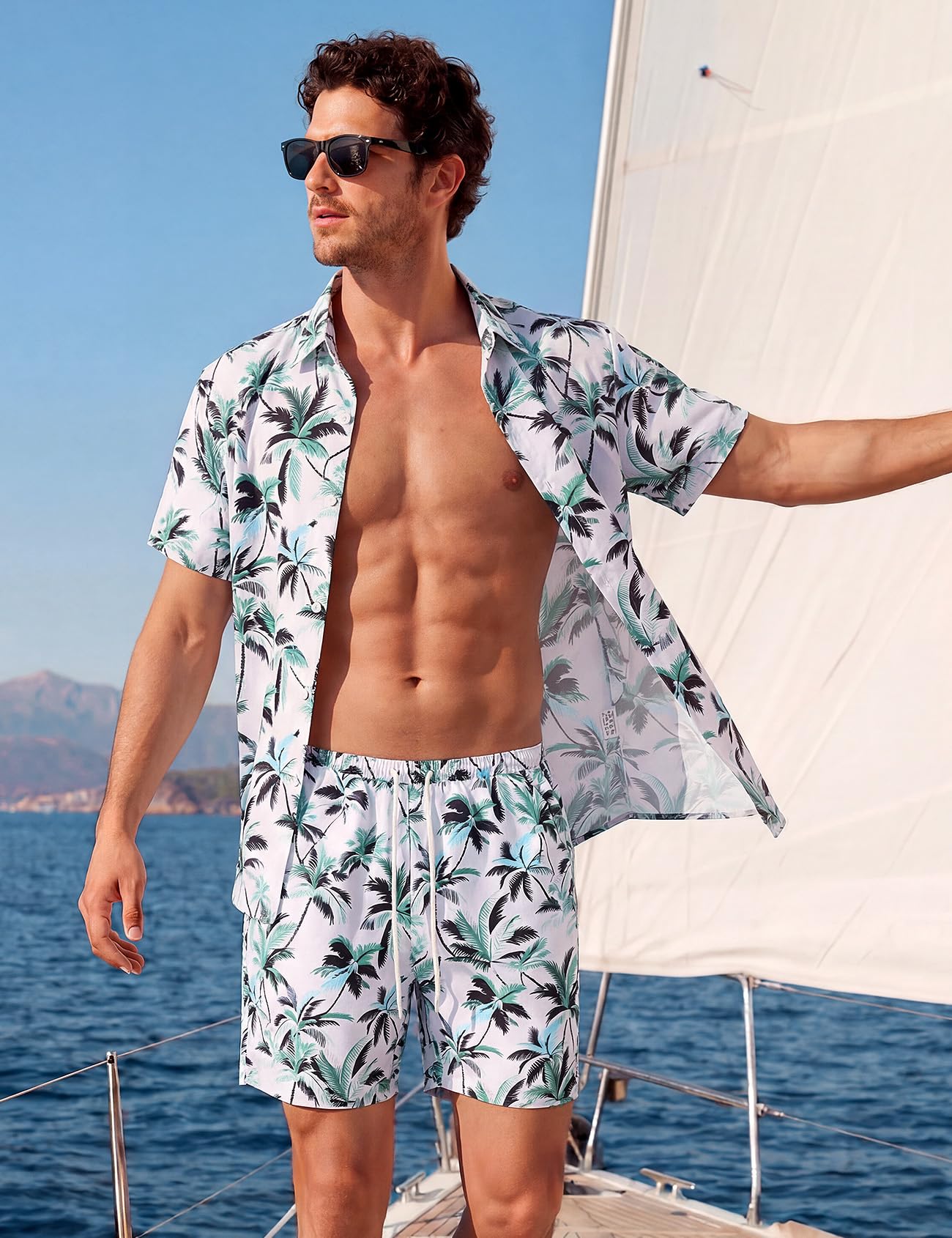 Mens Summer Outfits 2 Piece Tropical Hawaiian Beach Vacation Set | Short Sleeve, Button Down Shirts, Elastic Waist Shorts, Cruises Holiday Set
