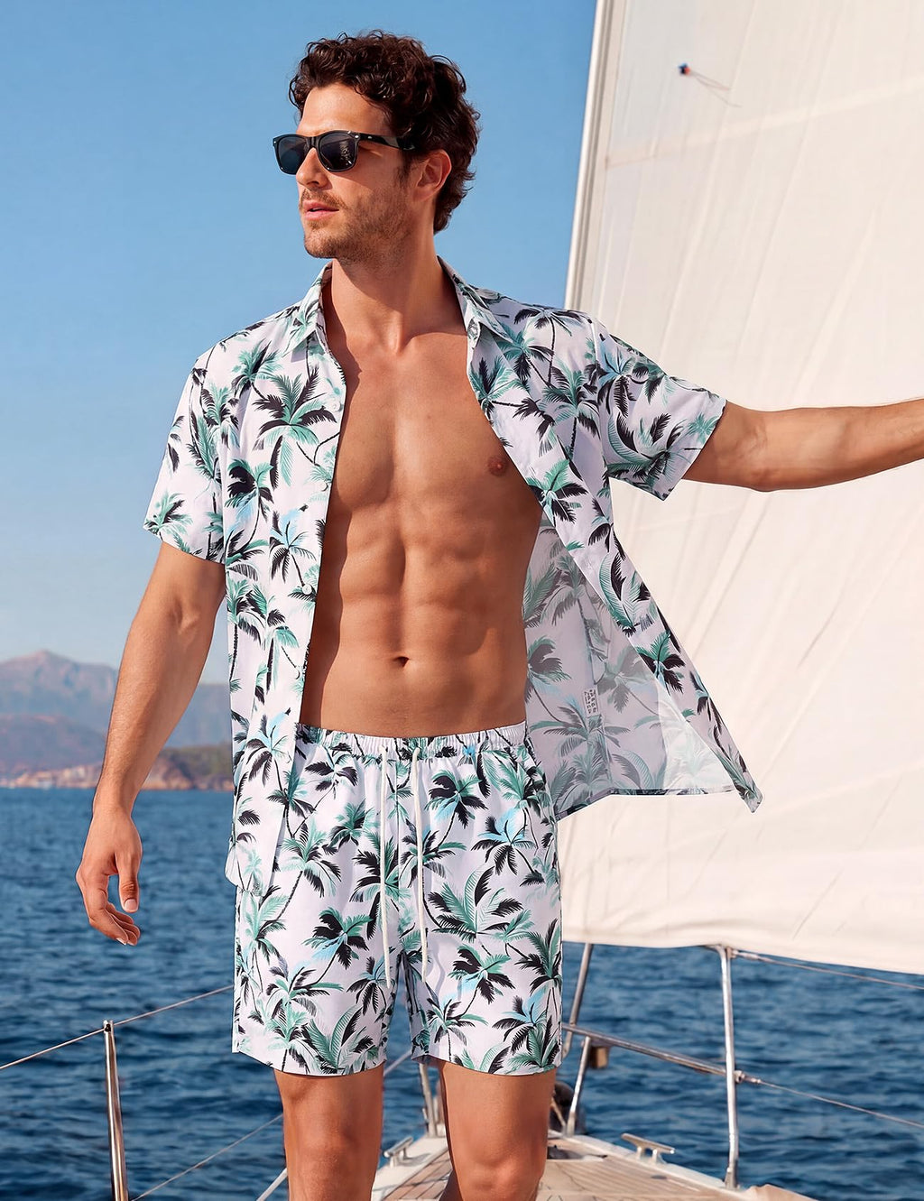 Mens Summer Outfits 2 Piece Tropical Hawaiian Beach Vacation Set | Short Sleeve, Button Down Shirts, Elastic Waist Shorts, Cruises Holiday Set