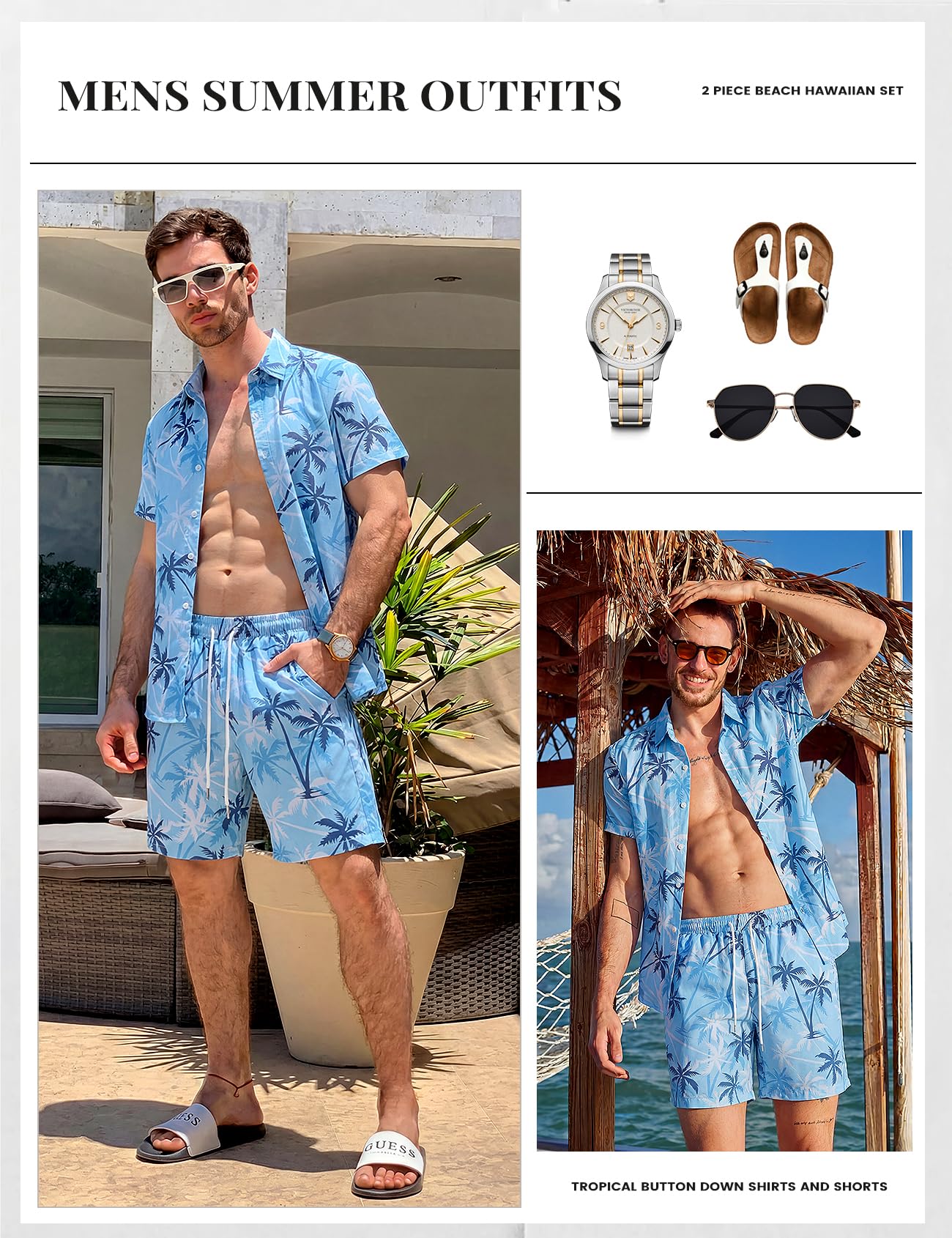 Mens Summer Outfits 2 Piece Tropical Hawaiian Beach Vacation Set | Short Sleeve, Button Down Shirts, Elastic Waist Shorts, Cruises Holiday Set