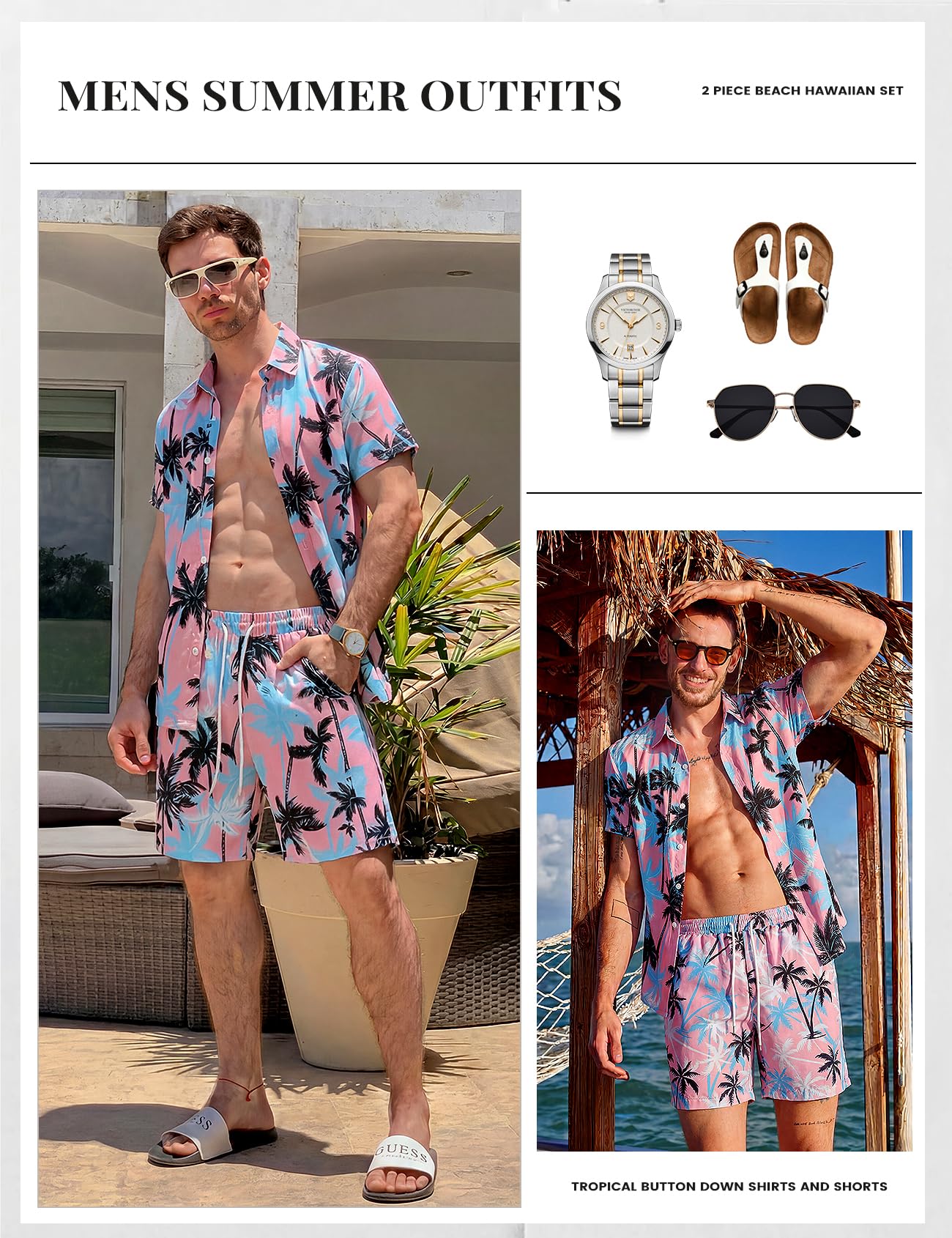 Mens Summer Outfits 2 Piece Tropical Hawaiian Beach Vacation Set | Short Sleeve, Button Down Shirts, Elastic Waist Shorts, Cruises Holiday Set