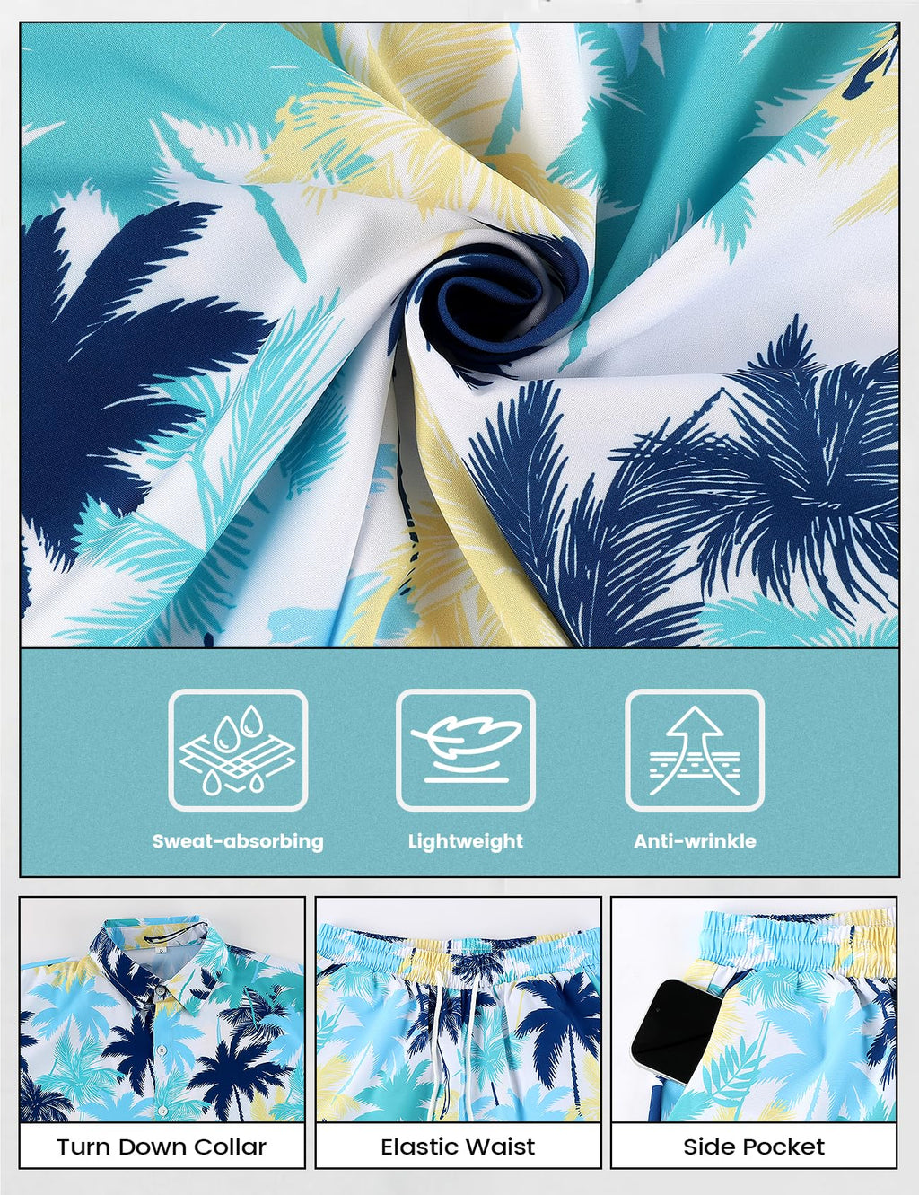 Mens Summer Outfits 2 Piece Tropical Hawaiian Beach Vacation Set | Short Sleeve, Button Down Shirts, Elastic Waist Shorts, Cruises Holiday Set
