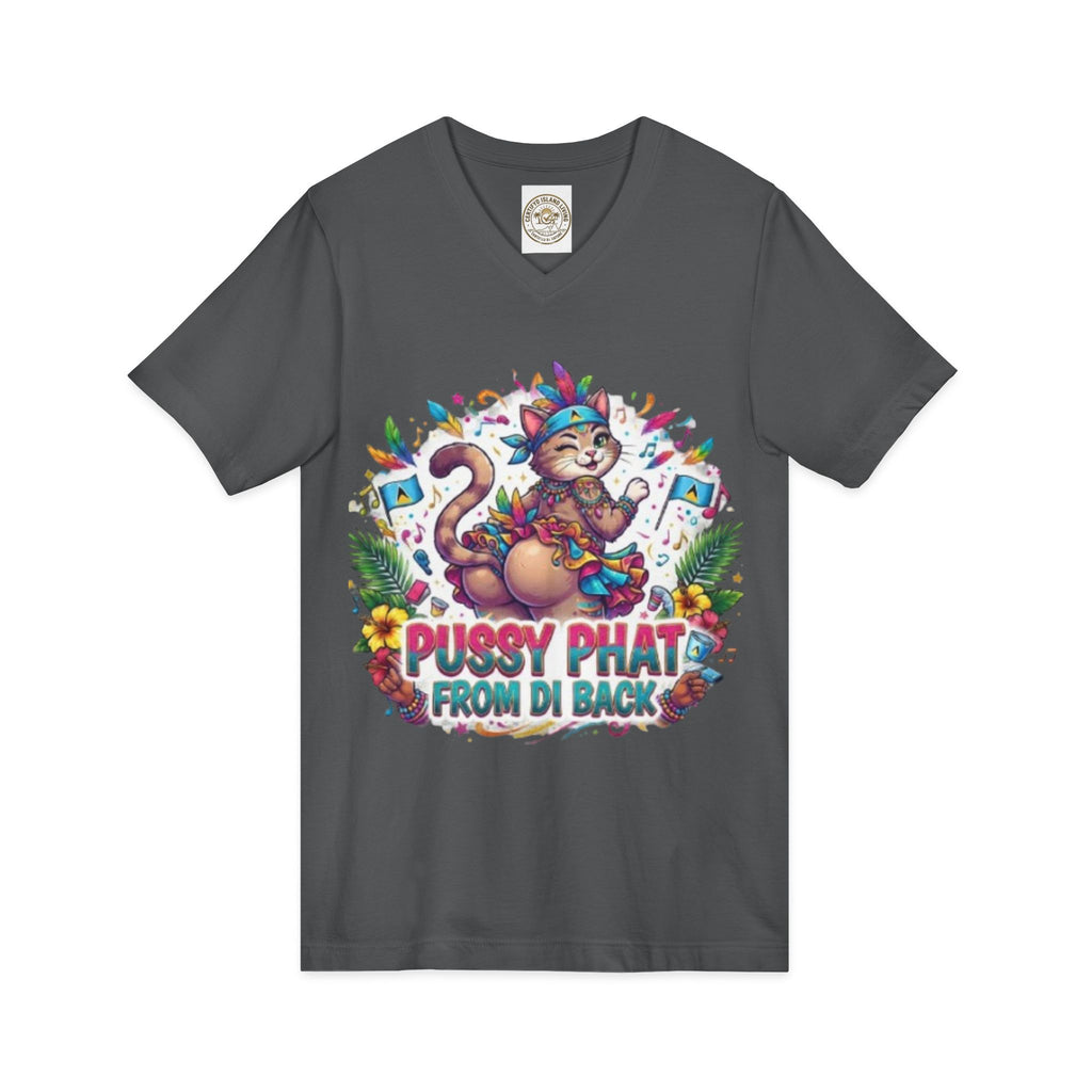 Pussy Phat From Di Back V-Neck Tee — Colorful Carnival Cat Graphic Shirt