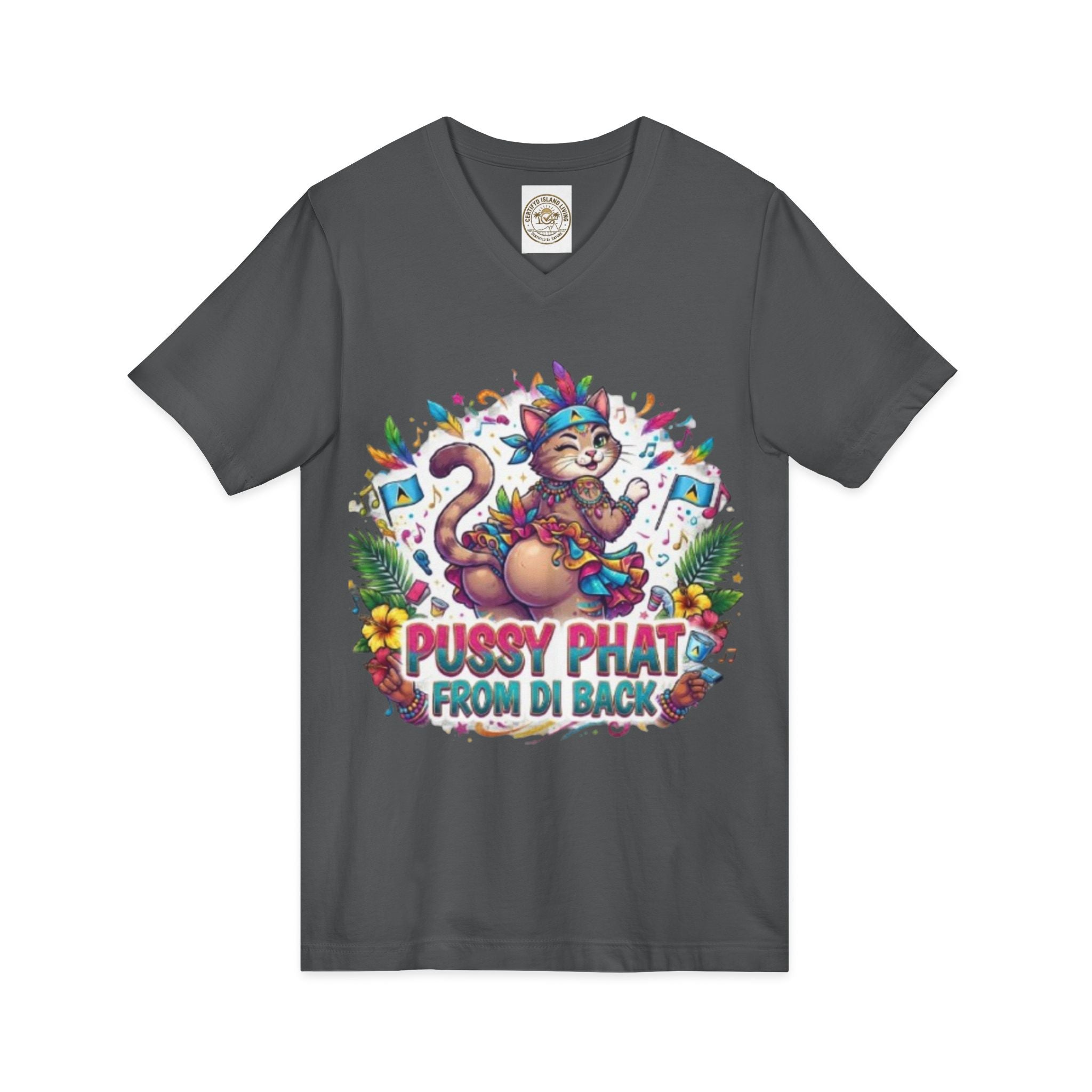 Pussy Phat From Di Back V-Neck Tee — Colorful Carnival Cat Graphic Shirt