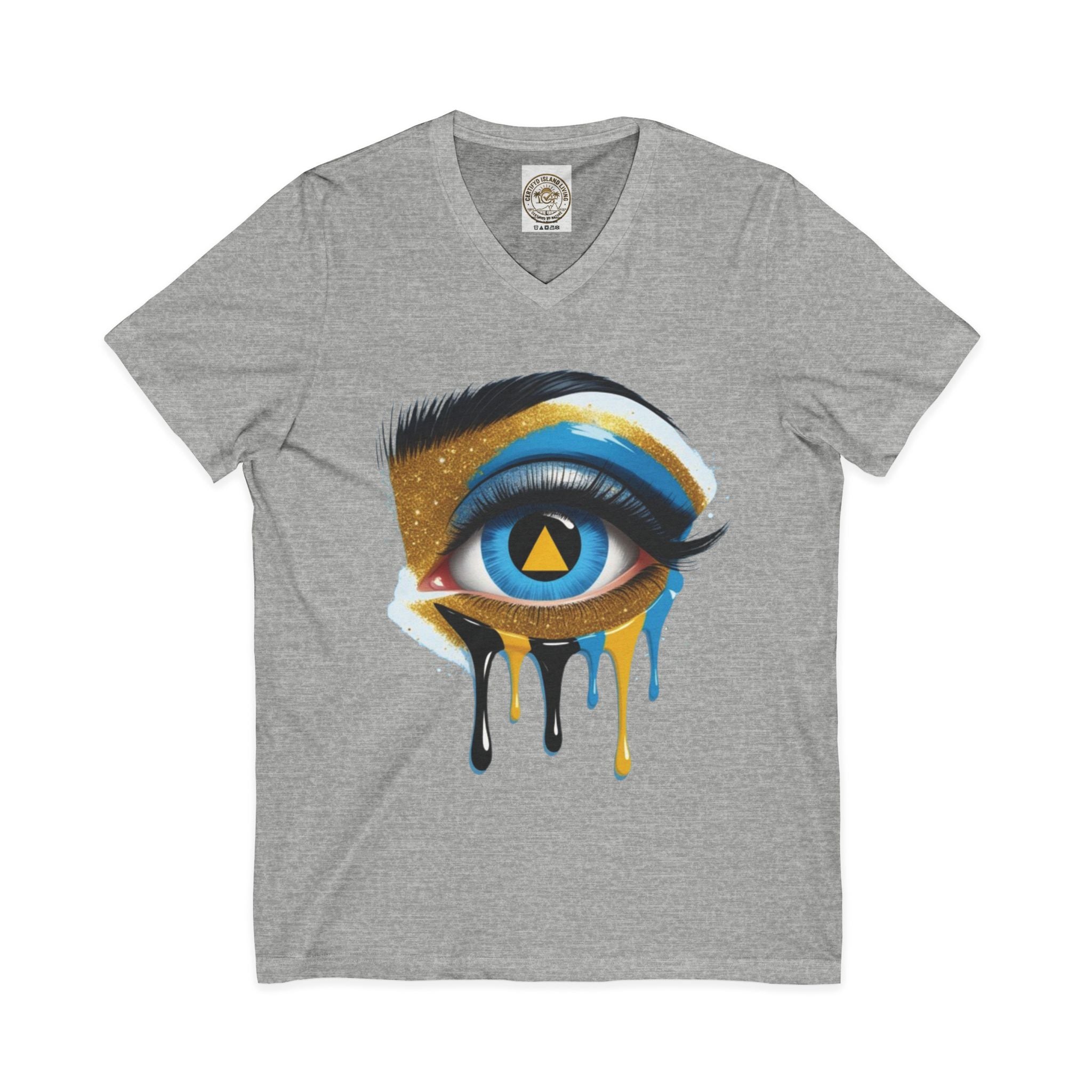 St. Lucia Flag Eye V-Neck Tee — Artistic Caribbean Pride T-Shirt