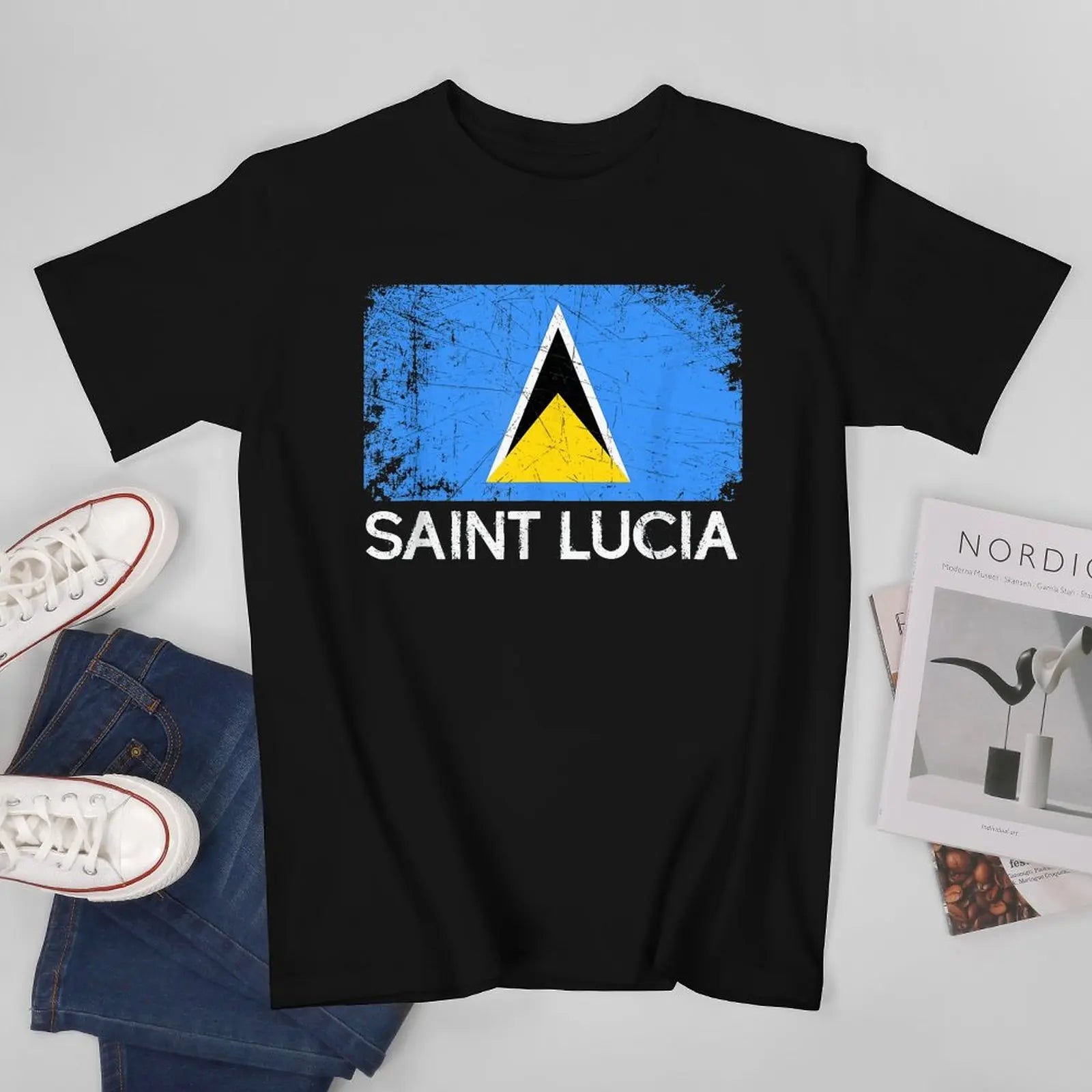 More Design Saint Lucia Flag Men Tshirt Tees T-Shirt O-neck T Shirts Women Boys Clothing 100% Cotton