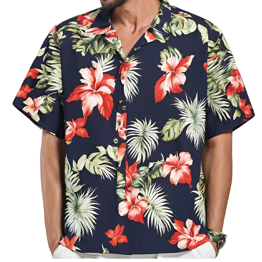 Men Shirt Fashion Hawaiian Botanical Floral Print Lapel Short Sleeve Shirt Woven Regular Fit Summer Seaside Daily Top