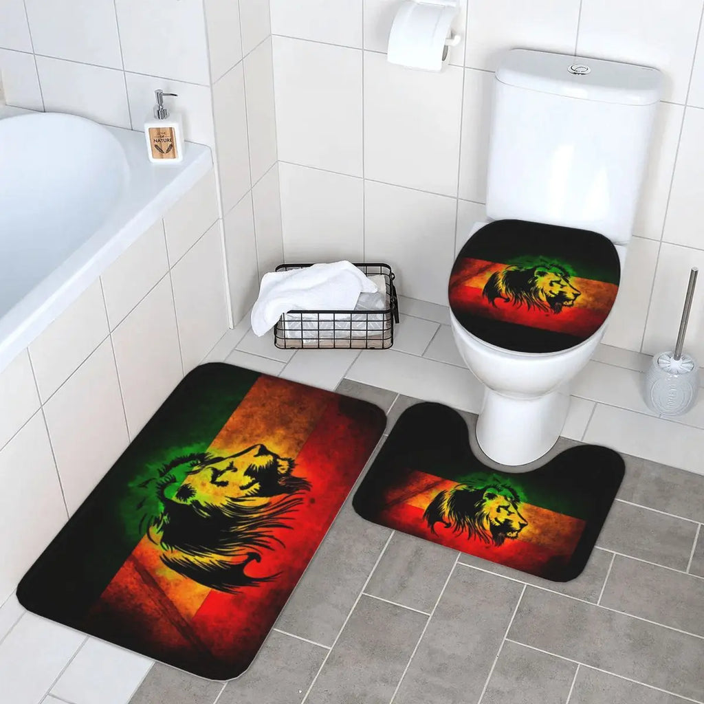 Rasta Lion 3-Piece Bath Mat Bathroom Set | Non-Slip Carpet Floor Rug