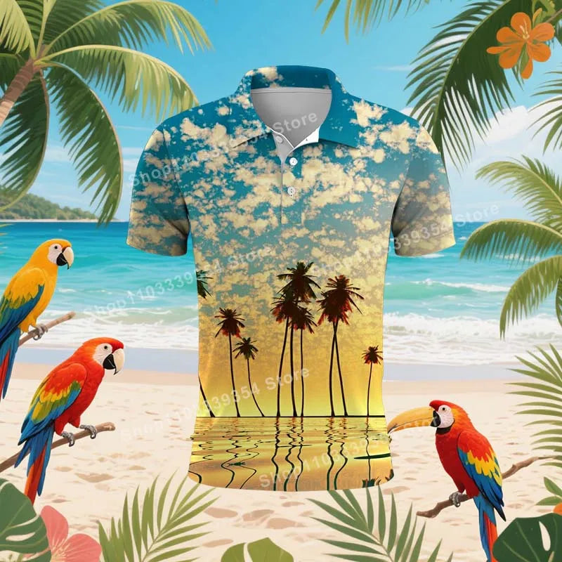 Coconut Grove Hawaiian Polo Shirt | Men's 3D Print Tropical Golf Shirt
