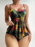 2026 New Flower Print Mesh Tankini Swimsuits Push Up Swimwear Women Plus Size Bathing Suit Skirt Swimming Suit For Women Bathers
