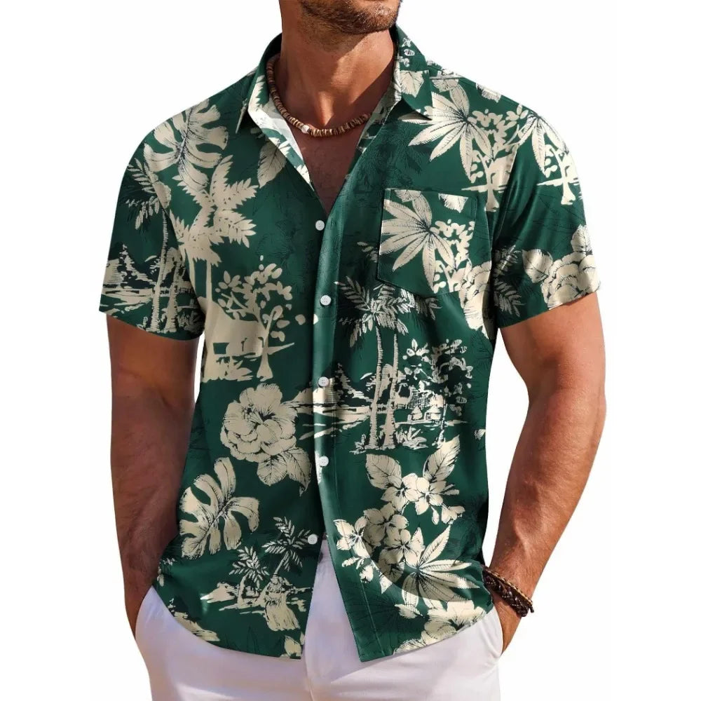Men Shirt Fashion Hawaiian Botanical Floral Print Lapel Short Sleeve Shirt Woven Regular Fit Summer Seaside Daily Top