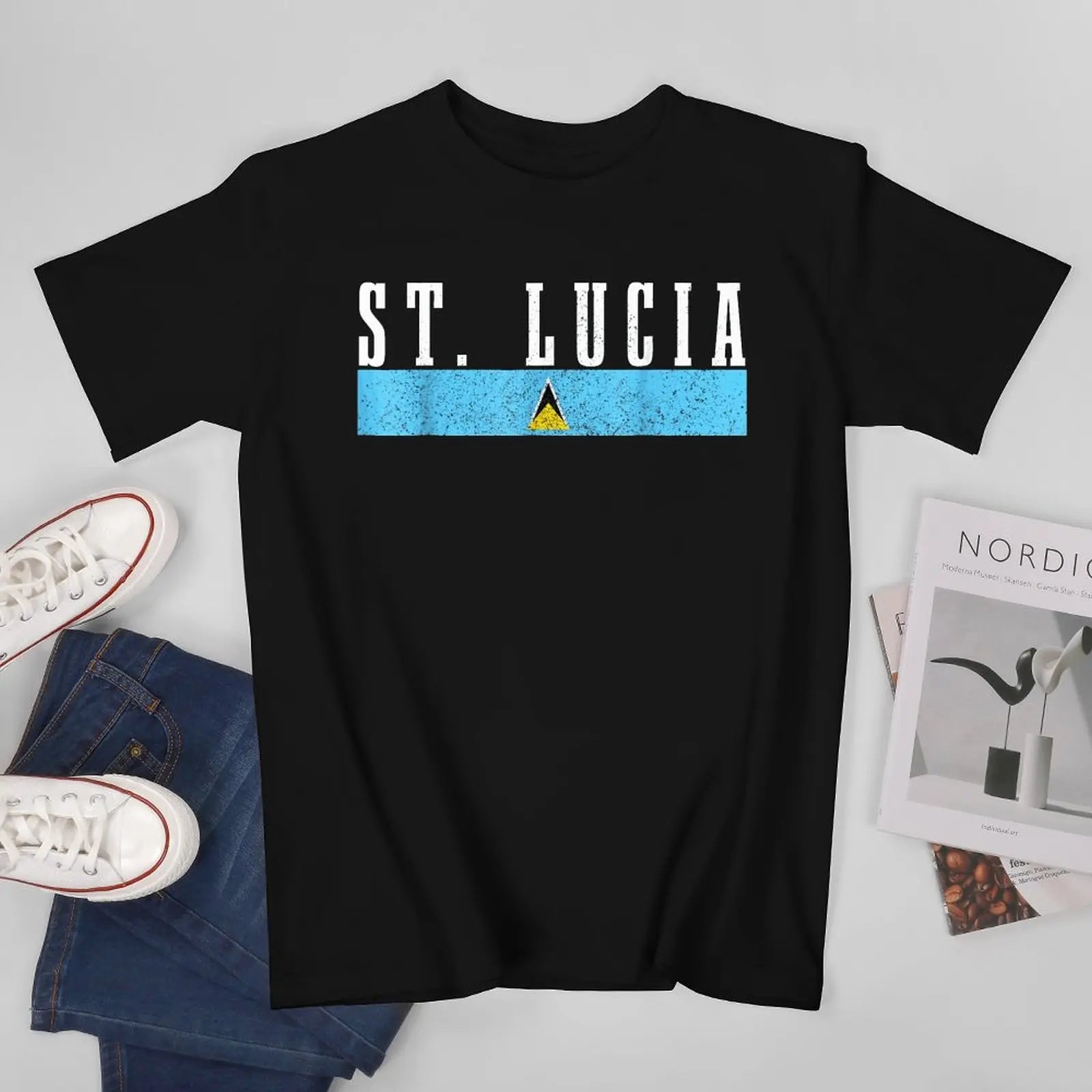 More Design Saint Lucia Flag Men Tshirt Tees T-Shirt O-neck T Shirts Women Boys Clothing 100% Cotton