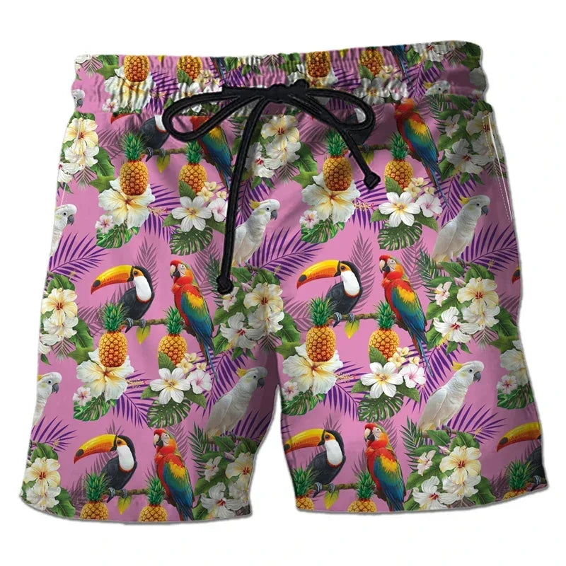 Parrot Toucan 3D Print Short Pants for Men Tropical Plants Pattern Hawaiian Beach Shorts Surf Board Shorts Quick Dry Swim Trunks