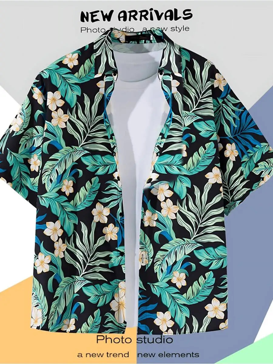 Tropical Print Casual Short Sleeve Button Up Hawaiian Shirt For Men