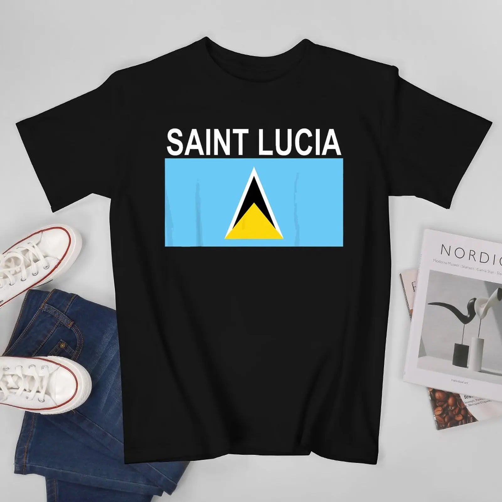 More Design Saint Lucia Flag Men Tshirt Tees T-Shirt O-neck T Shirts Women Boys Clothing 100% Cotton