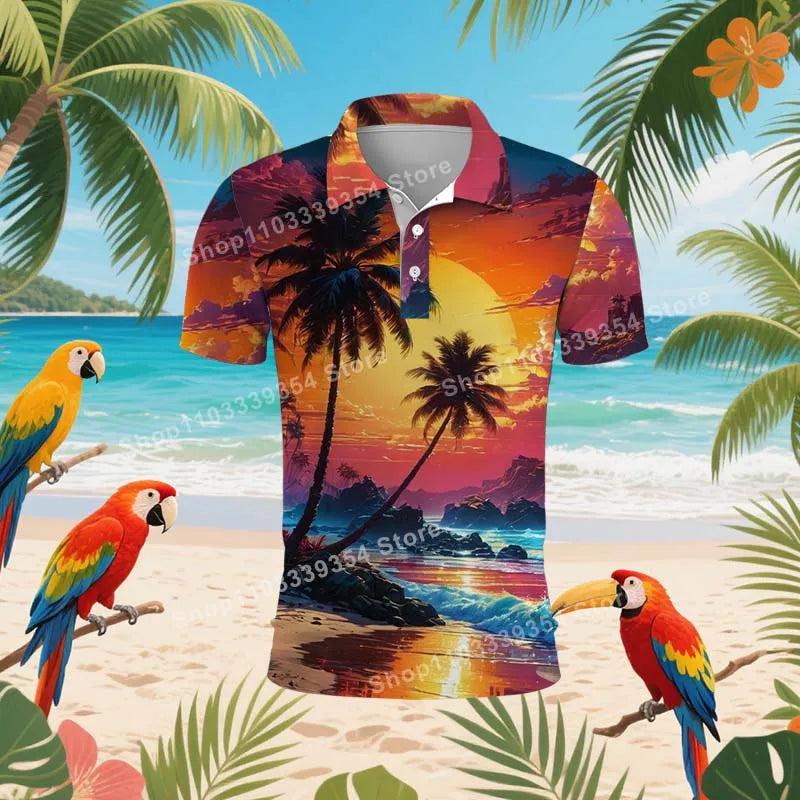 Coconut Grove Hawaiian Polo Shirt | Men's 3D Print Tropical Golf Shirt
