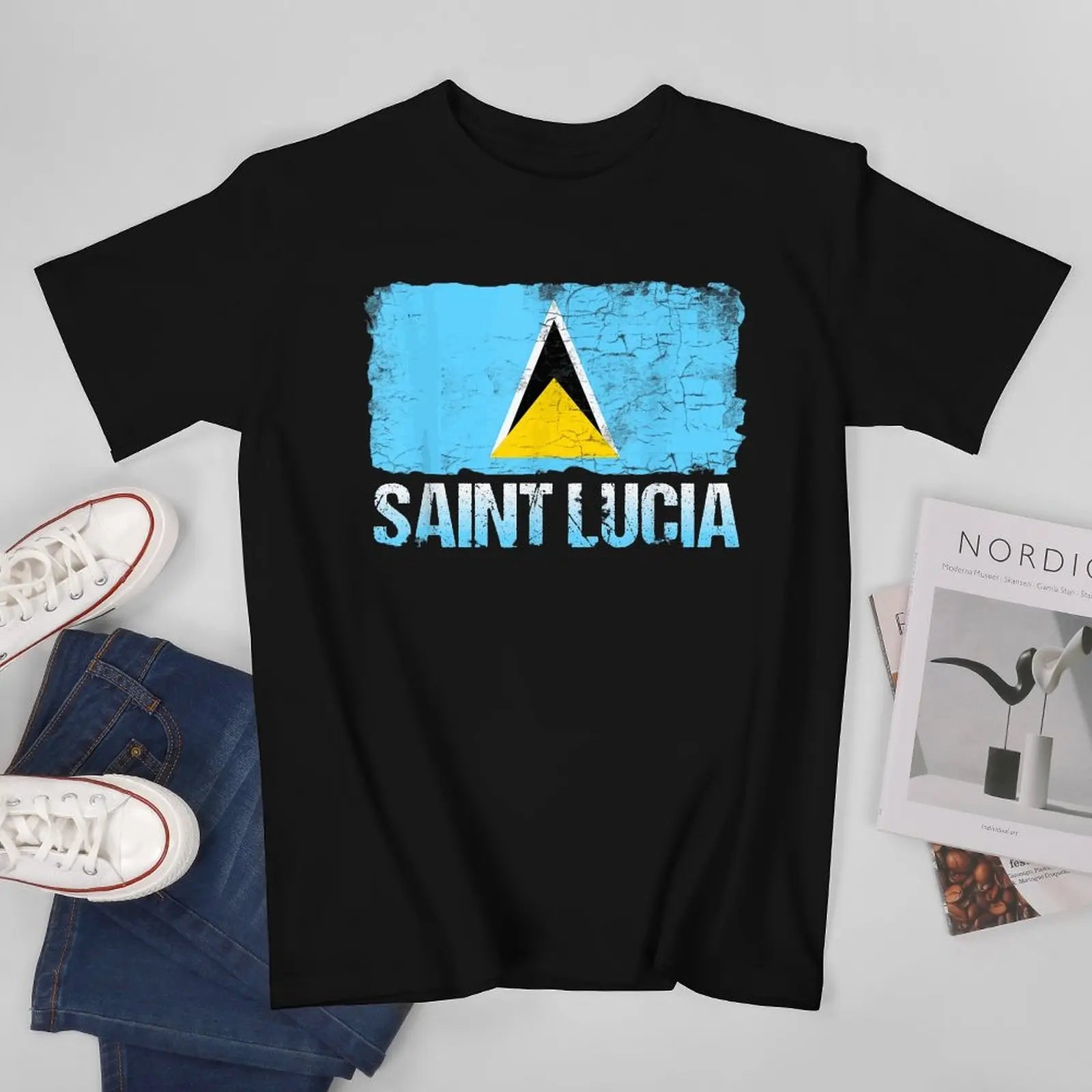 More Design Saint Lucia Flag Men Tshirt Tees T-Shirt O-neck T Shirts Women Boys Clothing 100% Cotton