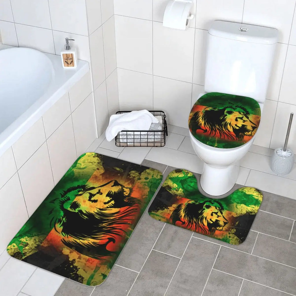 Rasta Lion Stripe 3 3 Pcs Bath Mat Bathroom Set Toilet Lid Cover Home Decor Non-Slip Carpet Floor Rug