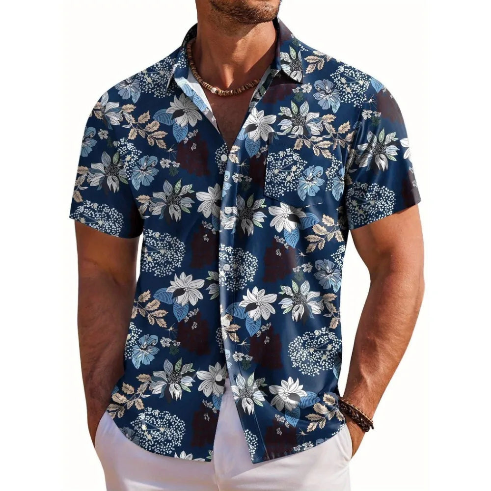Men Shirt Fashion Hawaiian Botanical Floral Print Lapel Short Sleeve Shirt Woven Regular Fit Summer Seaside Daily Top