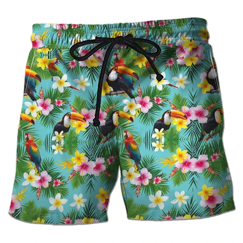 Parrot Toucan 3D Print Short Pants for Men Tropical Plants Pattern Hawaiian Beach Shorts Surf Board Shorts Quick Dry Swim Trunks