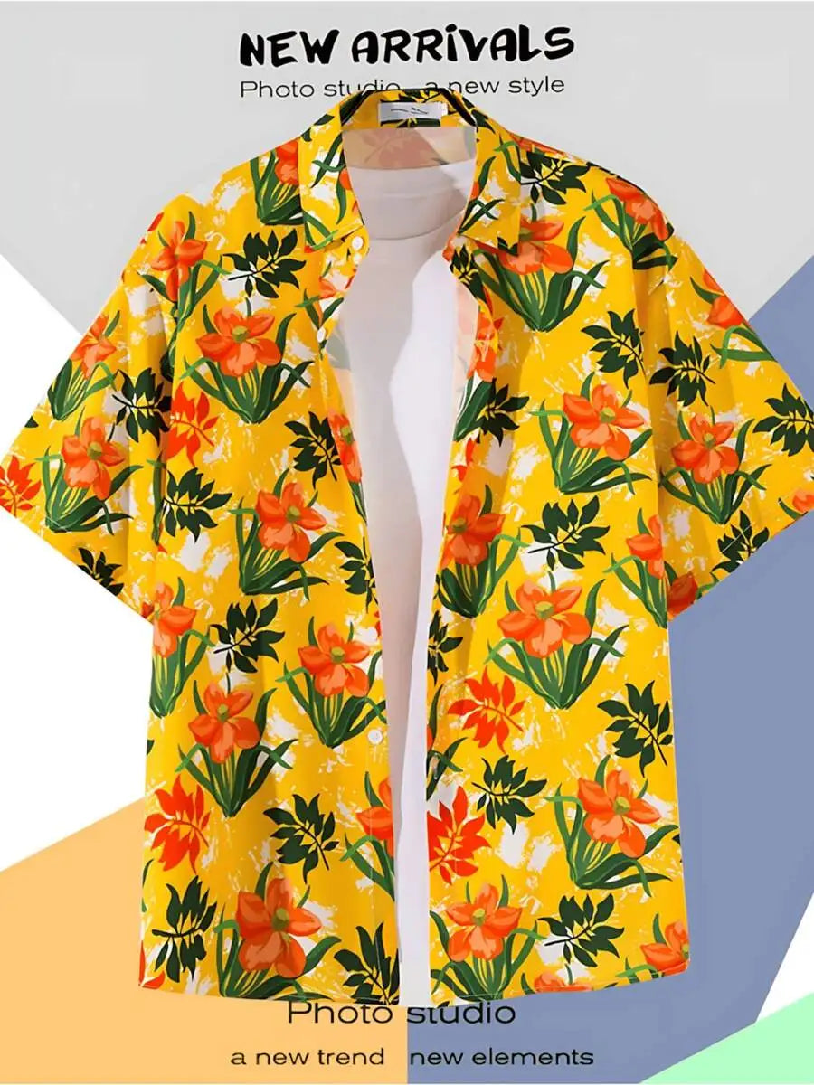 Tropical Print Casual Short Sleeve Button Up Hawaiian Shirt For Men