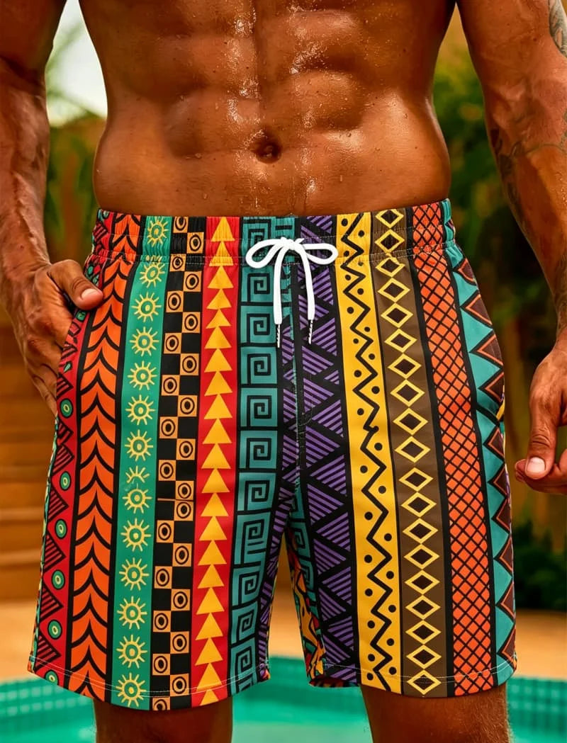 Island Tribe Geometric Swim Shorts | Men's Quick-Dry Beach Shorts