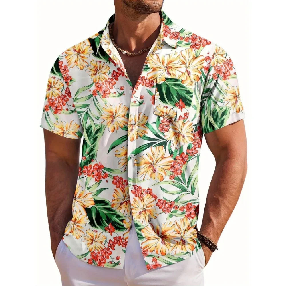 Men Shirt Fashion Hawaiian Botanical Floral Print Lapel Short Sleeve Shirt Woven Regular Fit Summer Seaside Daily Top