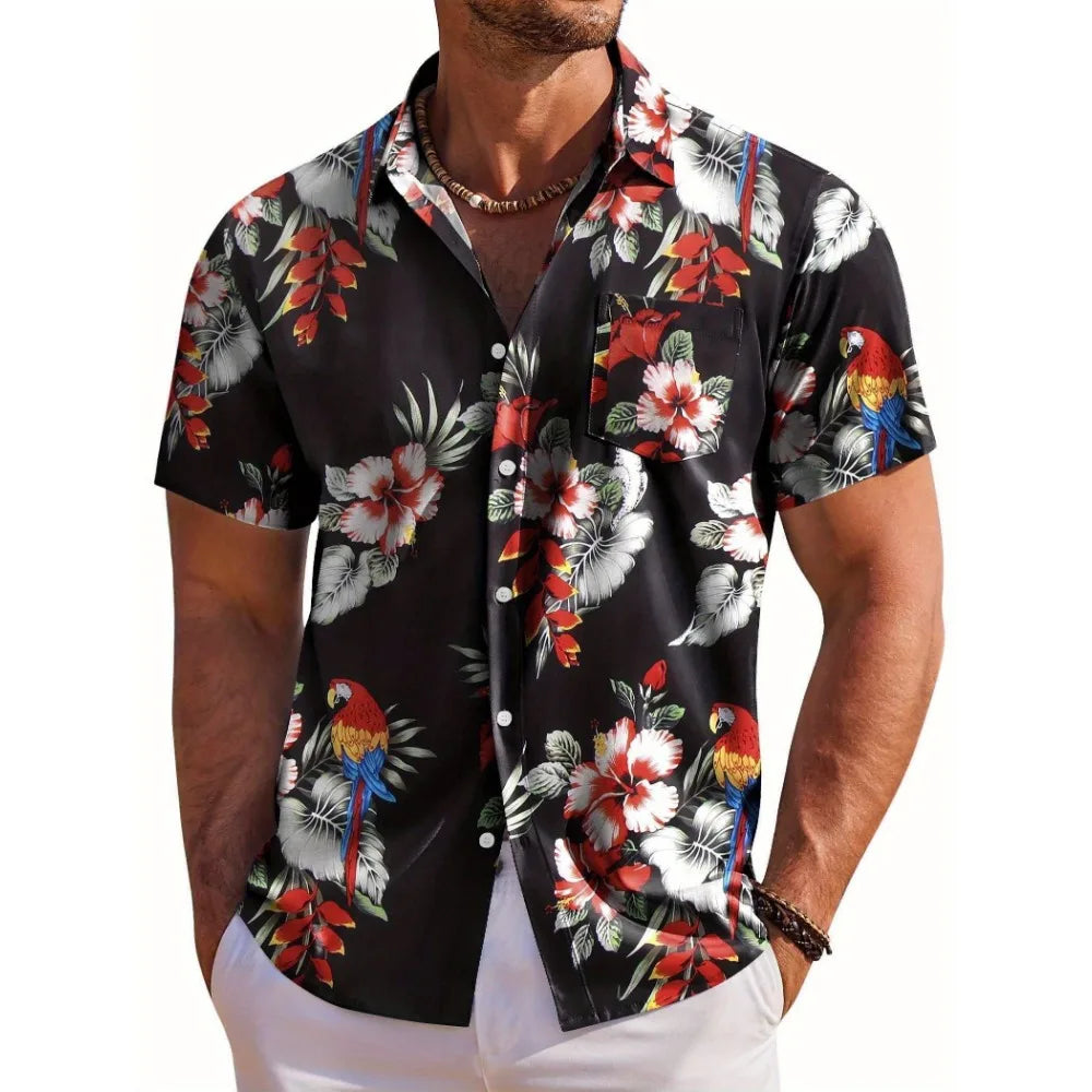 Men Shirt Fashion Hawaiian Botanical Floral Print Lapel Short Sleeve Shirt Woven Regular Fit Summer Seaside Daily Top