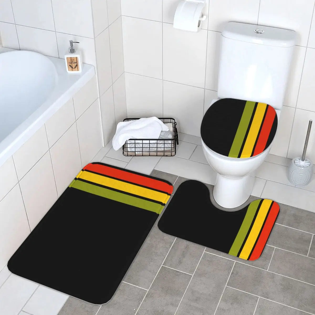 Rasta Lion Stripe 3 3 Pcs Bath Mat Bathroom Set Toilet Lid Cover Home Decor Non-Slip Carpet Floor Rug