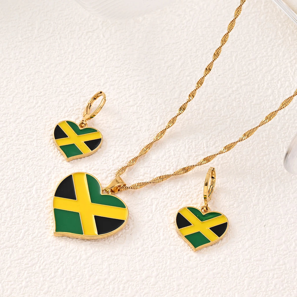 Jamaica Flag Heart Pendant Necklaces and Earrings for Women Girls,I Love My Country,National Day