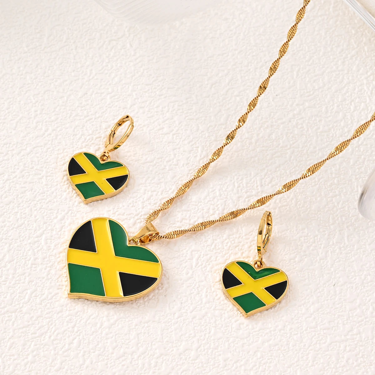 Jamaica Flag Heart Pendant Necklaces and Earrings for Women Girls,I Love My Country,National Day