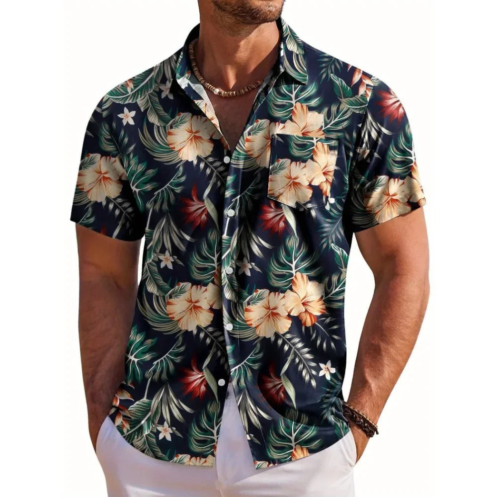 Men Shirt Fashion Hawaiian Botanical Floral Print Lapel Short Sleeve Shirt Woven Regular Fit Summer Seaside Daily Top