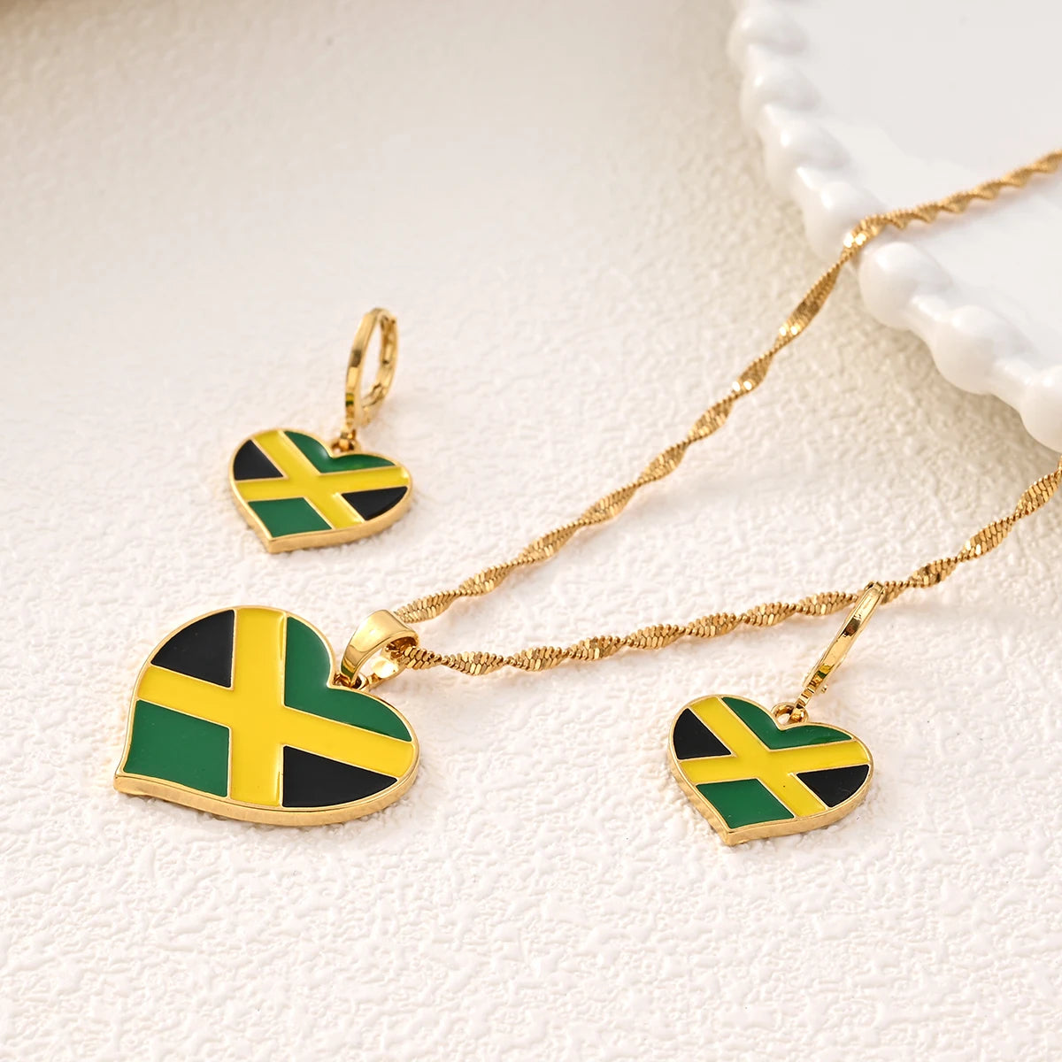 Jamaica Flag Heart Pendant Necklaces and Earrings for Women Girls,I Love My Country,National Day
