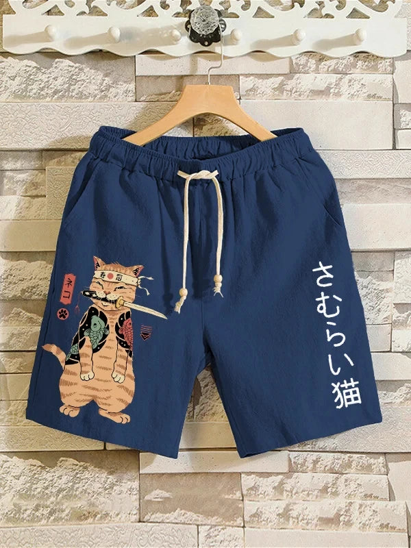 2025 Summer 3D Anime Japanese Samurai Cat Shorts Trunks Quick Dry Beach Swiming Shorts Women Men Hip Hop Short Pants Shorts 6xl