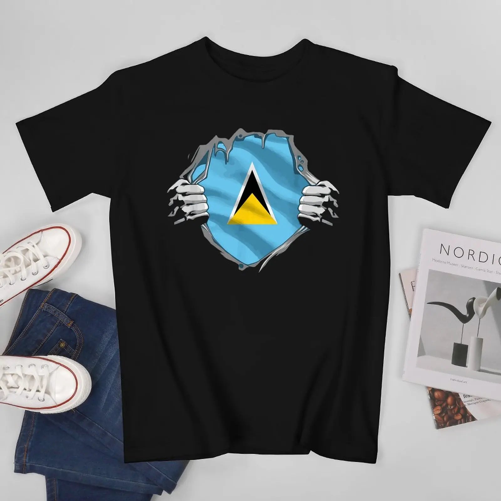 More Design Saint Lucia Flag Men Tshirt Tees T-Shirt O-neck T Shirts Women Boys Clothing 100% Cotton