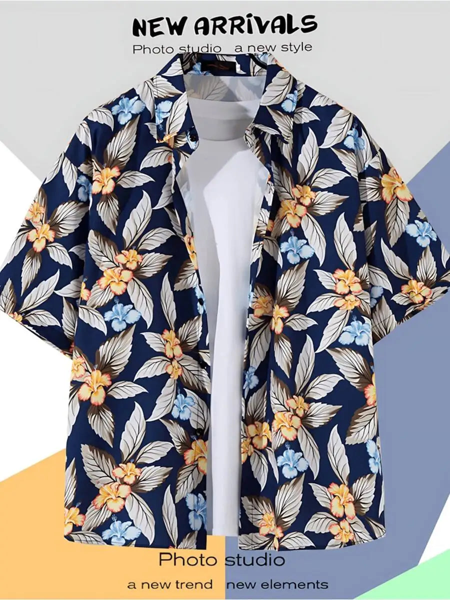 Tropical Print Casual Short Sleeve Button Up Hawaiian Shirt For Men