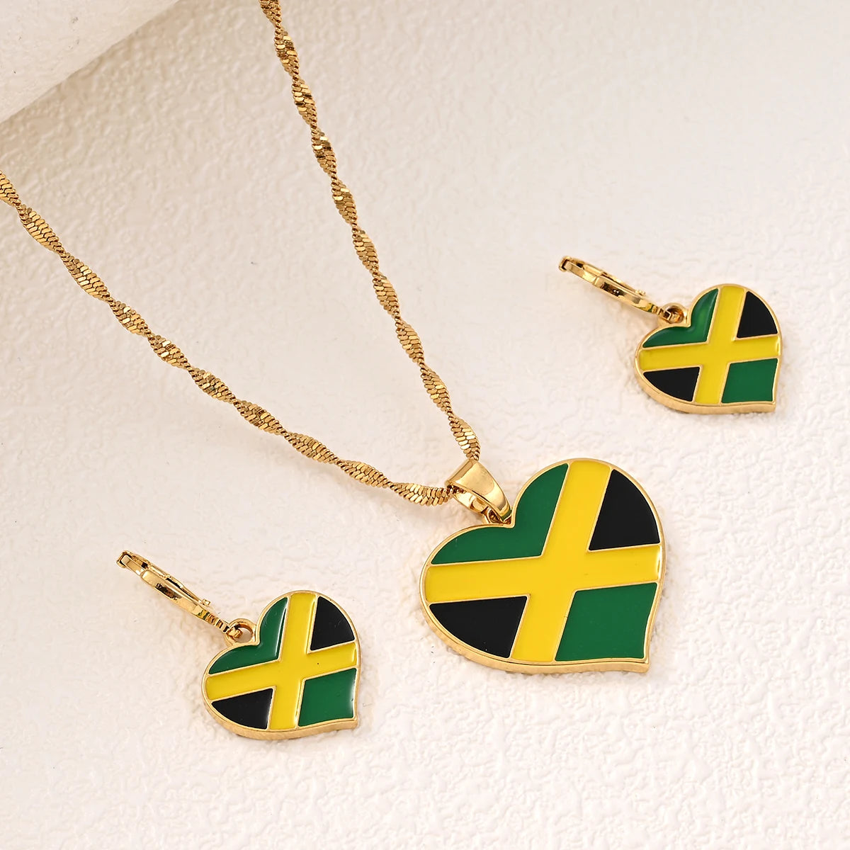 Jamaica Flag Heart Pendant Necklaces and Earrings for Women Girls,I Love My Country,National Day
