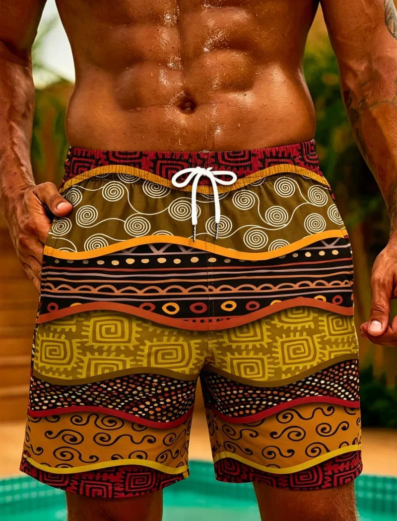 Island Tribe Geometric Swim Shorts | Men's Quick-Dry Beach Shorts