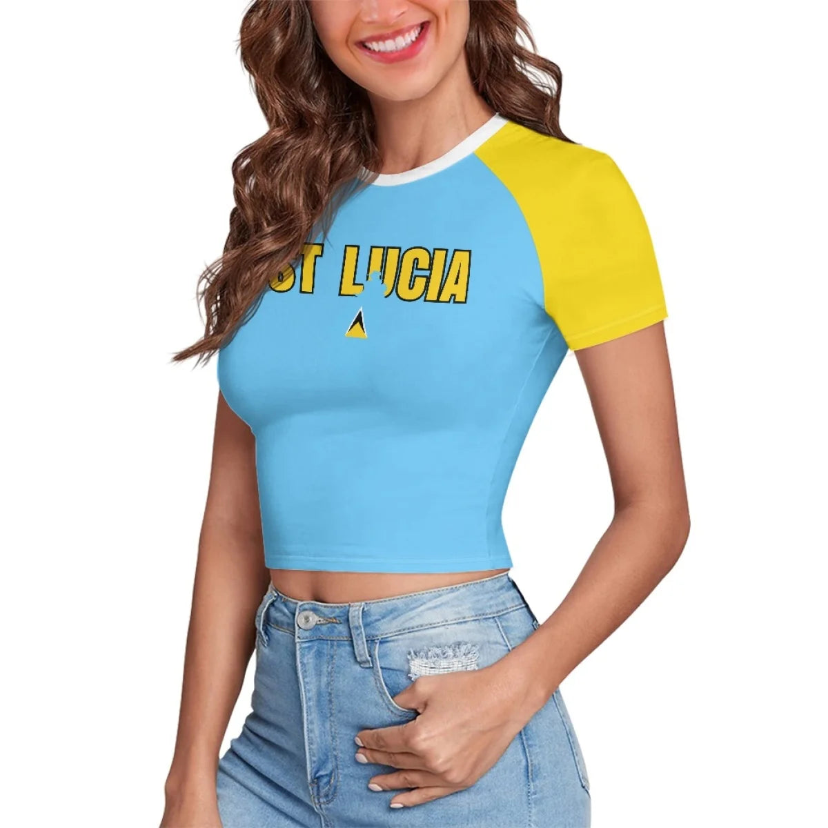 Patriotic Crewneck Carribean High Street Fashion Crop T Shirt Tops Custom St Lucia Saint Lucia Flag Y2K Hot Girl Baby Tee Top