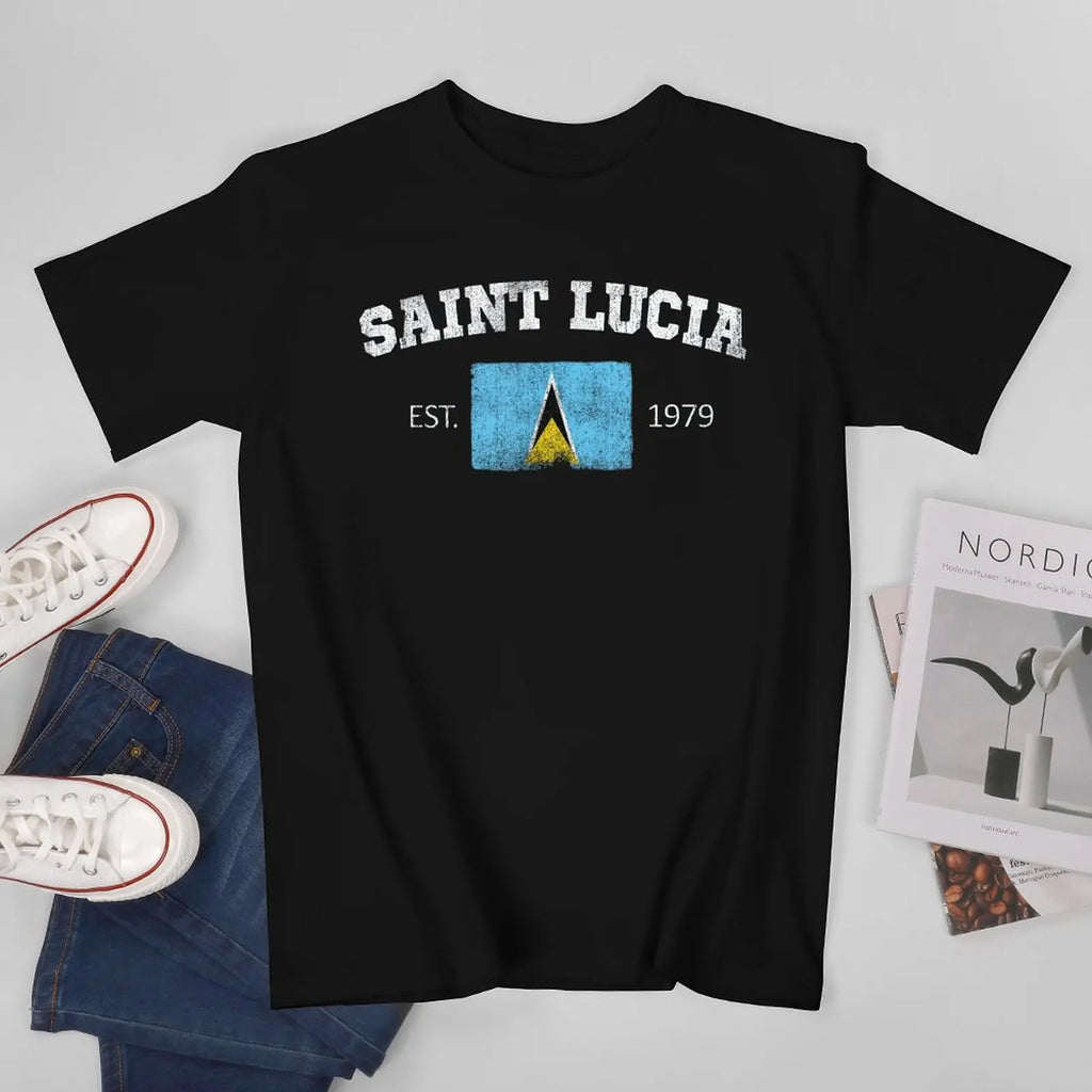 More Design Saint Lucia Flag Men Tshirt Tees T-Shirt O-neck T Shirts Women Boys Clothing 100% Cotton