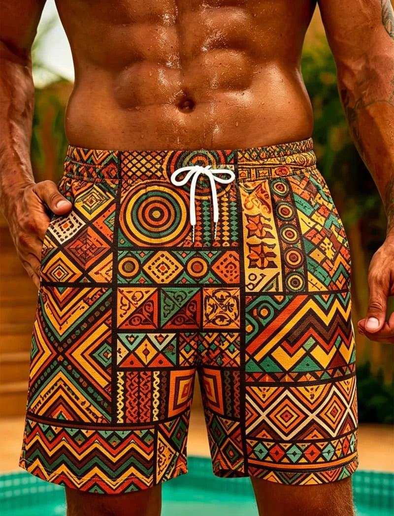 Island Tribe Geometric Swim Shorts | Men's Quick-Dry Beach Shorts