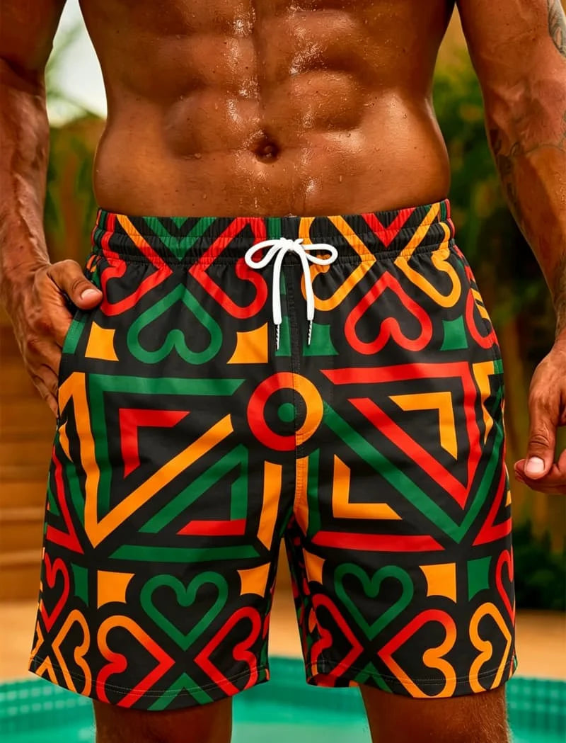 Island Tribe Geometric Swim Shorts | Men's Quick-Dry Beach Shorts