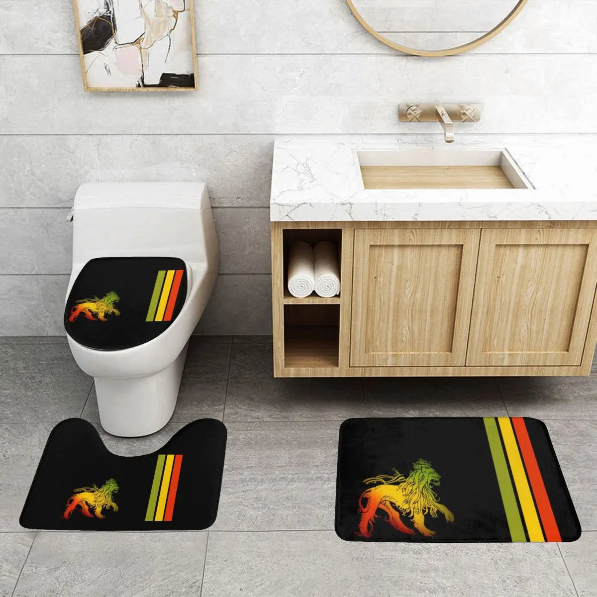 Rasta Lion Stripe 3 3 Pcs Bath Mat Bathroom Set Toilet Lid Cover Home Decor Non-Slip Carpet Floor Rug