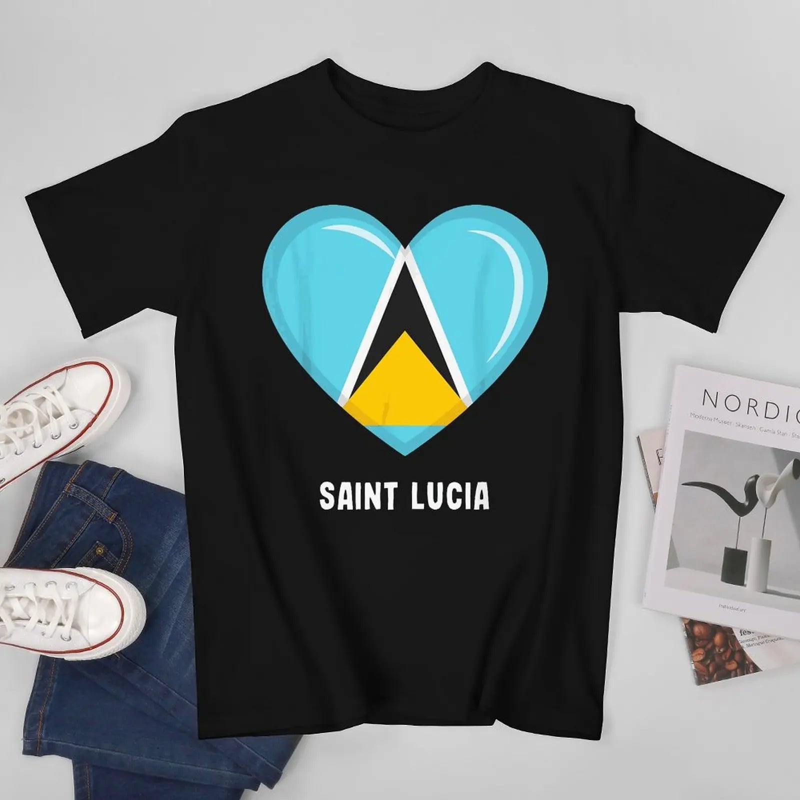 More Design Saint Lucia Flag Men Tshirt Tees T-Shirt O-neck T Shirts Women Boys Clothing 100% Cotton