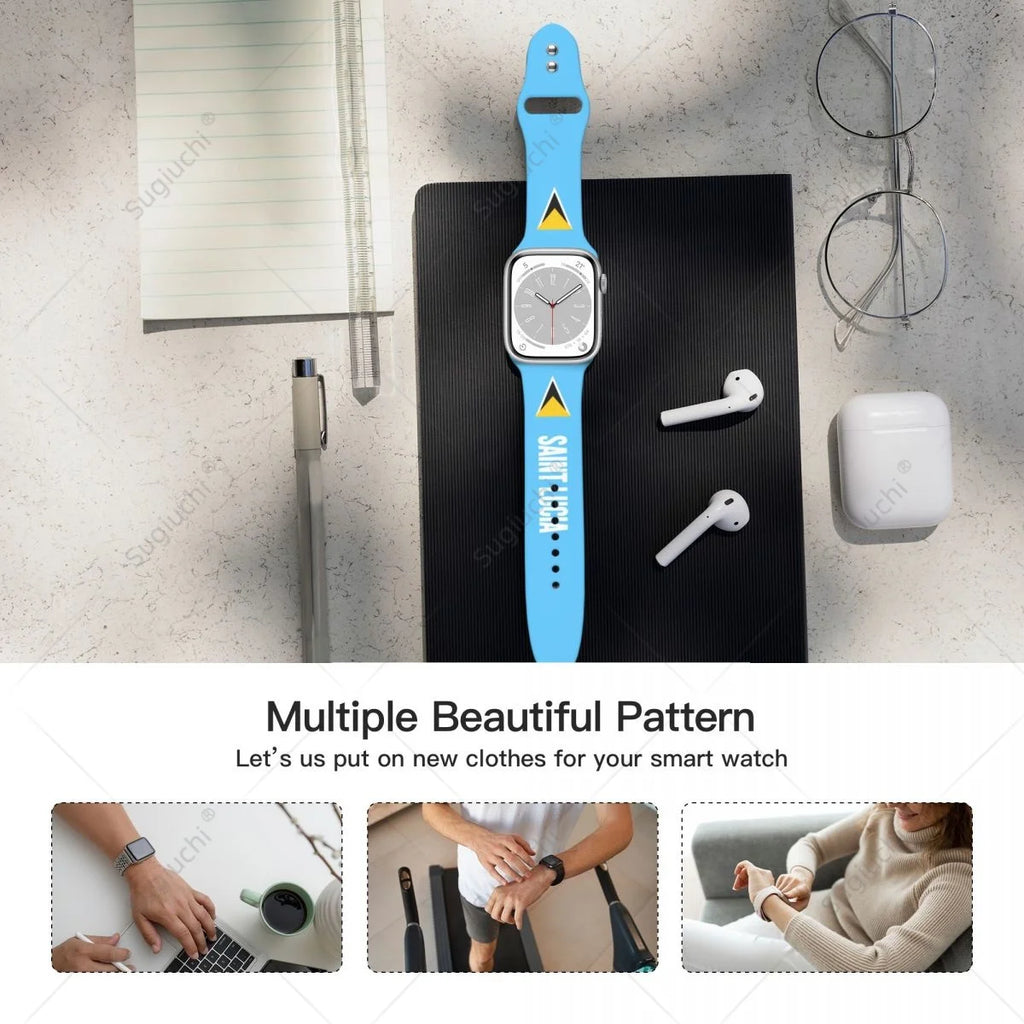 Unisex Saint Lucia Flag 3D Printing Sport Strap for Apple Watch Band Ultra 2 Silicone WatchBand for Iwatch Series 9 8 7 6 SE 5 4